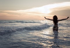 girl, sea, sunset, swimsuit, mood wallpaper