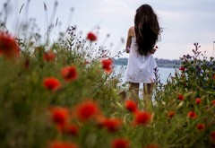 girl, field, grass, mood, flowers, maki wallpaper