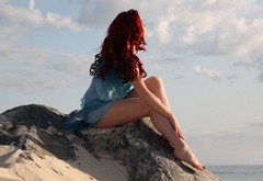 girl, legs, sea, sky, sitting, clouds, red hairs wallpaper