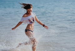 women, bikini, smiling, sea, running, water, splash wallpaper