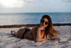 women with glasses, beach, sea, ass, topless, thong wallpaper