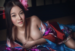holding boobs, asian, tits, kimono, brunette wallpaper