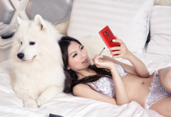 asian, model, lingerie, brunette, bra, panties, dog, smartphone, in bed wallpaper