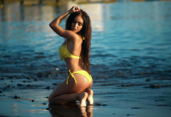 kira petrova, ass, on knees, sea, yellow bikini, brunette, beach wallpaper