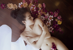 asian, strategic covering, nude, flowers, brunette wallpaper