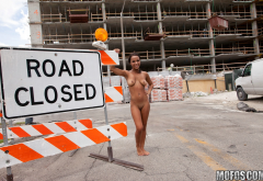 hollie berry, tits, smiling, brunette, exotic, public, road closed wallpaper