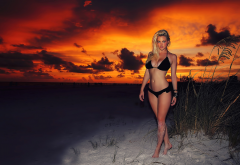 black bikini, sunset, blonde, curvy, beach, sexy wallpaper