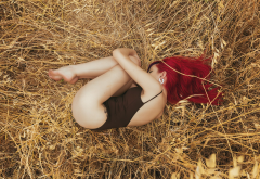 fetal position, redhead, one-piece, barefoot, field, ass, hay wallpaper