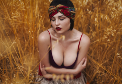 model, boobs, field, closed eyes, big tits, sexy wallpaper