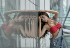 asian, reflection, model, brunette, red bra, jeans, bikini top wallpaper