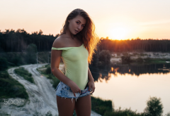 sunset, jeans shorts, lake, tanned, short shorts, see-through, sexy wallpaper