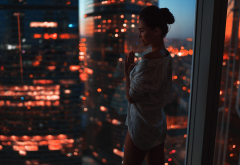 portrait, window, city, glass, hotel room, night, city lights, sexy, asian, shirt wallpaper
