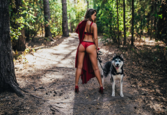 dasha mijailova, ass, high heels, red lingerie, red heels, tree, back, outdoors, dog, red panties wallpaper
