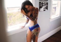 window, tattoo, blue panties, panties, model wallpaper