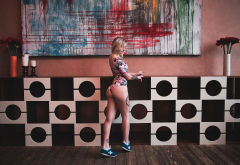 liuba meniaeva, ass, back, tattoo, sneakers, one-piece, flowers wallpaper