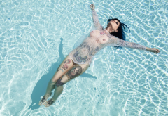wet, pool, naked, tatoo, boobs, shaved, nipples wallpaper