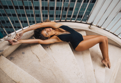frnanda moraes, tanned, stairs, closed eyes, armpits, one-piece swimsuit, top view, sexy legs wallpaper
