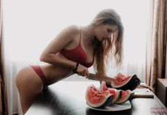 ass, red lingerie, table, knife, watermelon, tanned, sexy, food wallpaper