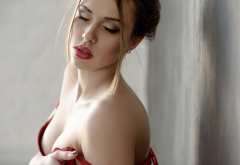 galina tcivina, closed eyes, face, portrait, red bra, red lips wallpaper