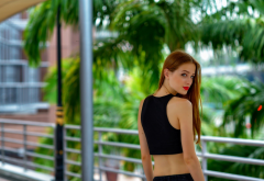 redhead, women, model, long hair, back, red lips, palm tropics wallpaper