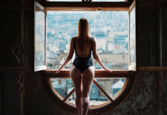 ass, window, model, cityscape, one-piece swimsuit wallpaper