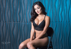 sitting, brunette, chair, black lingerie, asian, busty girl, boobs wallpaper