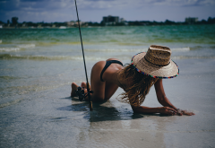 hat, black bikini, sea, tanned, ass, beach, fishing rod, wet, wet ass wallpaper