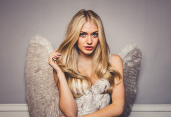 nicole neal, blonde, blue eyes, lingerie, white lingerie, open mouth, angel wings wallpaper