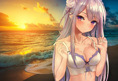 anime, emilia, re: zero, beach, sunset wallpaper