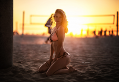 miki macovei, beach, kneeling, sunset, sand, tanned, bikini wallpaper