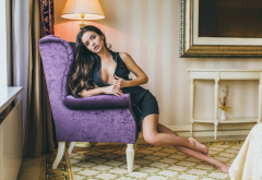 ekaterina zueva, tanned, black dress, lamp, legs, sexy wallpaper