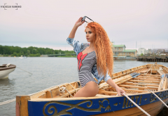 redhead, outdoors, tanned, one-piece swimsuit, sunglasses, boat wallpaper