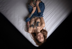suicide girls, tattoo, pierced nipples, tits, brunette, in bed wallpaper