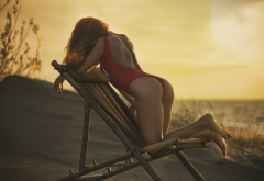 ass, tanned, kneeling, swimsuit, sunset, outdoors, beach wallpaper