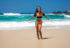 tanned, bikini, smiling, sand, sea, tattoo, beach wallpaper