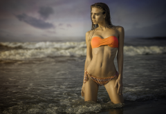 belly, bikini, wet hair, wet, sea, ribs, sexy, orange bikini wallpaper