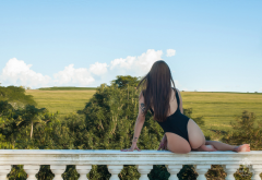 ass, landscape, sitting, long hair, sky, barefoot, outdoors, tattoo wallpaper