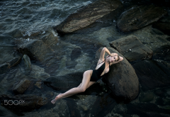 wet, legs, cleavage, rocks, one-piece swimsuit, wet body, top view, rocks, sea wallpaper