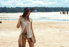 hat, looking away, outdoors, sea, brunette, beach wallpaper