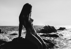 monochrome, belly, nude, sea, boobs, sitting, rocks, wet, hot wallpaper