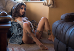model, tattoo, legs, sitting, tits, brunette wallpaper