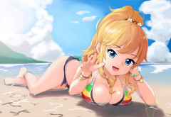 beach, sky, blue eyes, big boobs, thigh-highs, anime wallpaper