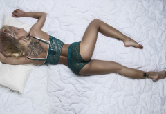 top view, ass, in bed, tanned, green lingerie, tattoo, closed eyes, back, hot wallpaper