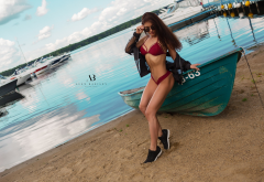 boat, sunglasses, belly, tanned, water, sneakers, red bikini, beach wallpaper