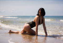 beach, sea, brunette, ass, kneeling, black lingerie, wet wallpaper