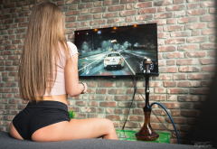 tanned, ass, shorts, sitting, wall, tv, gamers, long hair, joystick wallpaper
