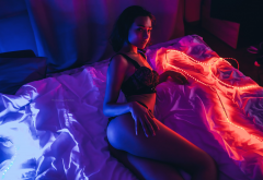 black lingerie, ass, in bed, neon, belly, bra wallpaper