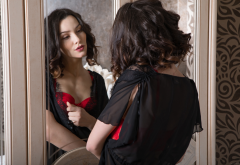 adel morel, brunette, mirror, red lingerie, red bra, sexy wallpaper