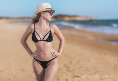black bikini, brunette, beach, sand, sea, hat, sunglasses, smiling wallpaper