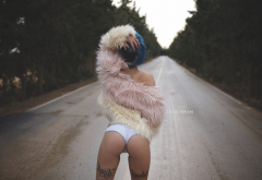 fur, road, tattoo, back, white panties, outdoors, blue hair, sexy ass wallpaper